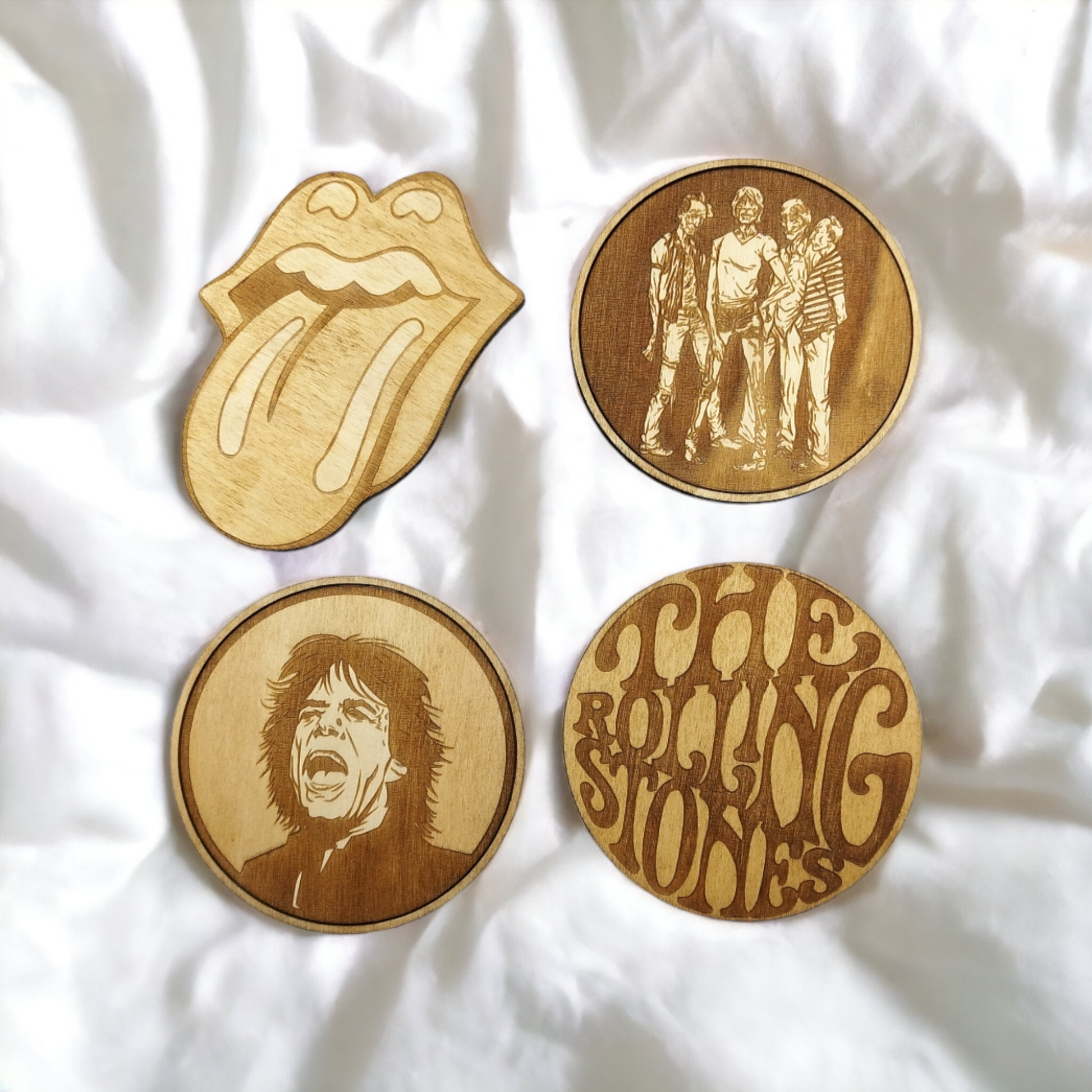 Set of 4 Rolling Stones Wooden Coasters - Handmade Gift - Housewarming - Wood Kitchenware-0