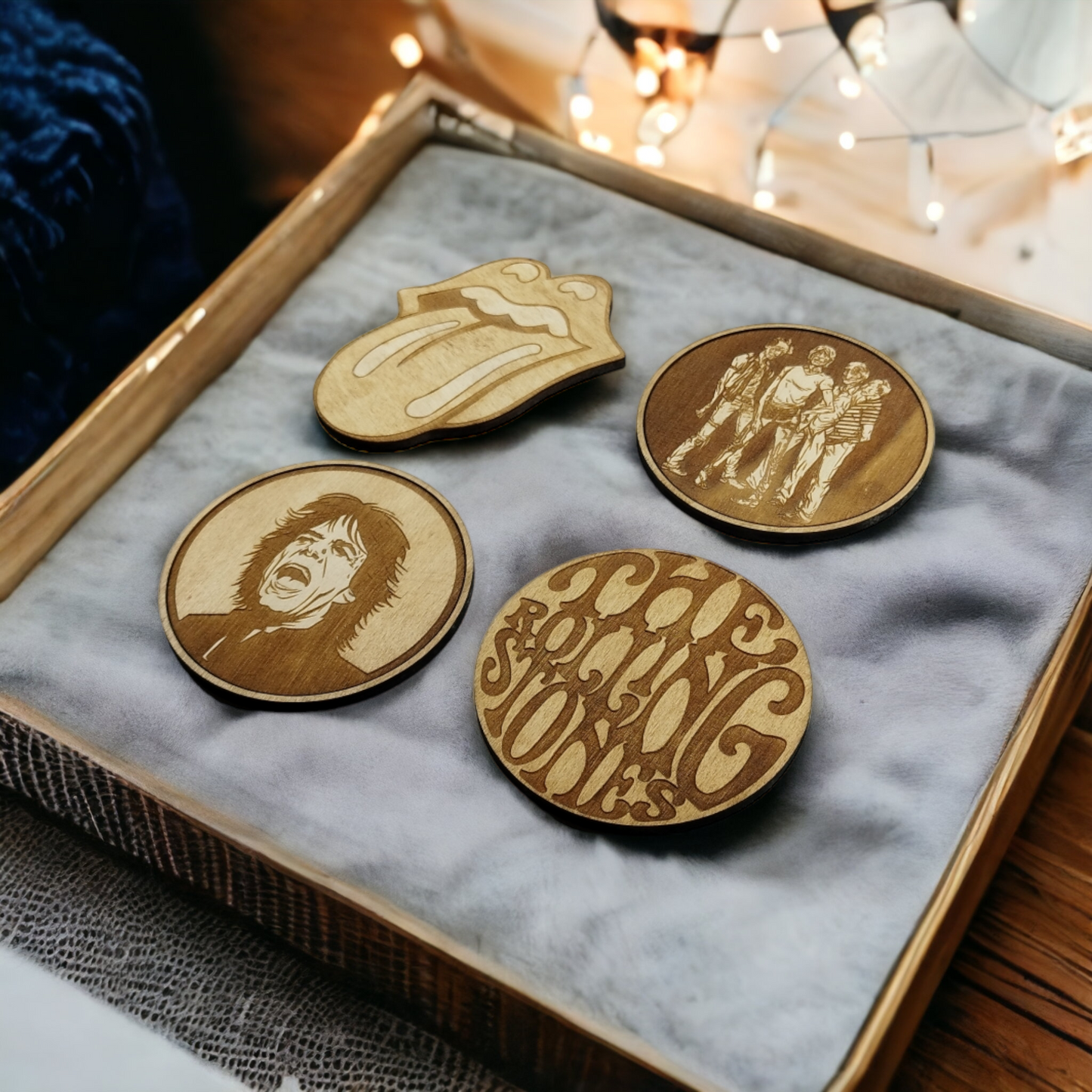 Set of 4 Rolling Stones Wooden Coasters - Handmade Gift - Housewarming - Wood Kitchenware-1