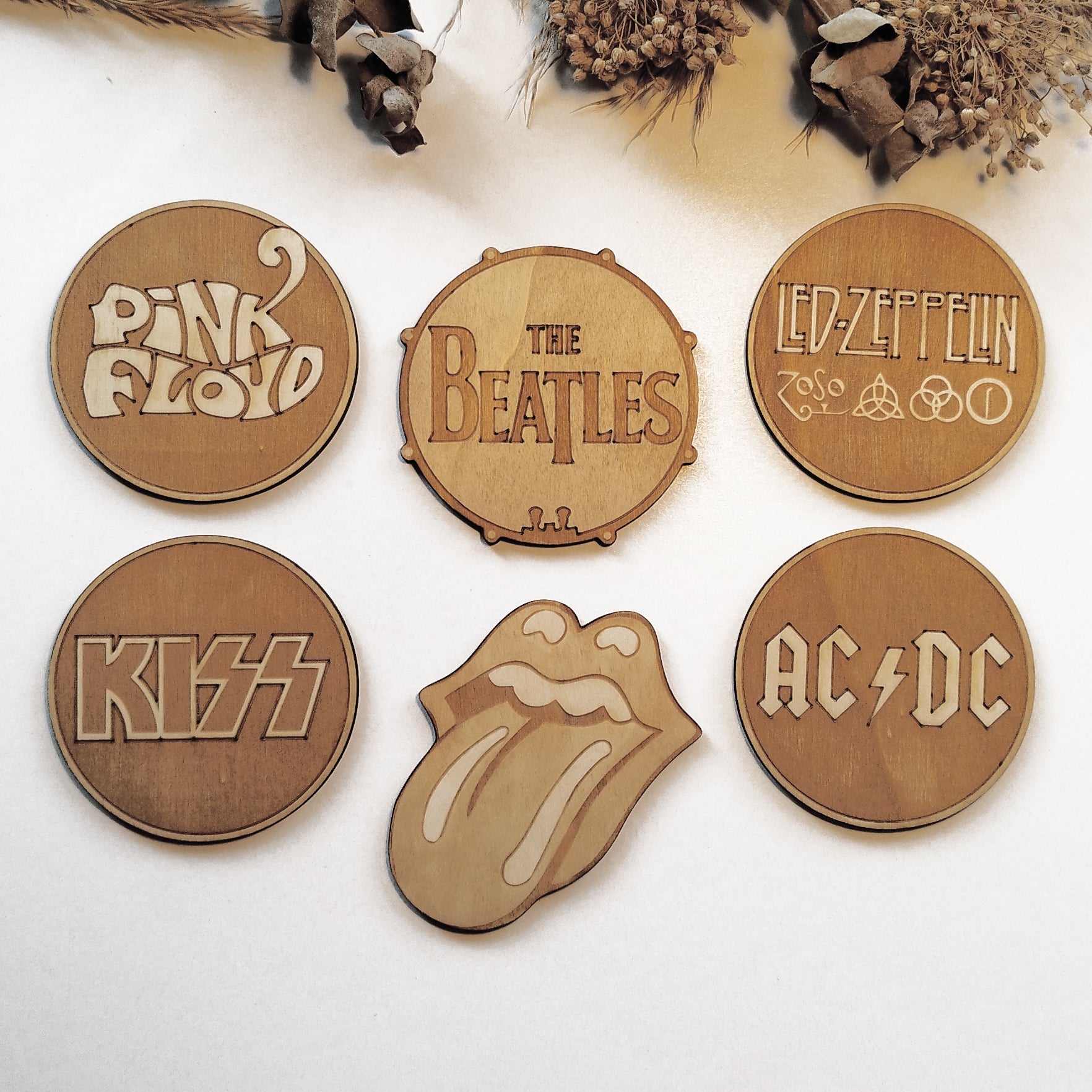 Set of 6 Rock Bands Wooden Coasters - Handmade Gift - Housewarming - Wood Kitchenware - Rock Band-0